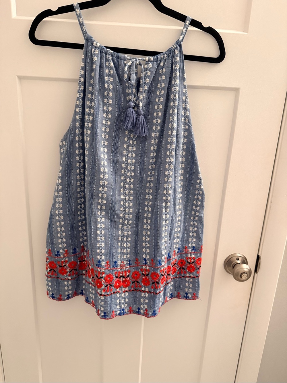 Sundance Boho Blue Floral Embroidered Halter Tank Top - Picture 3 of 5